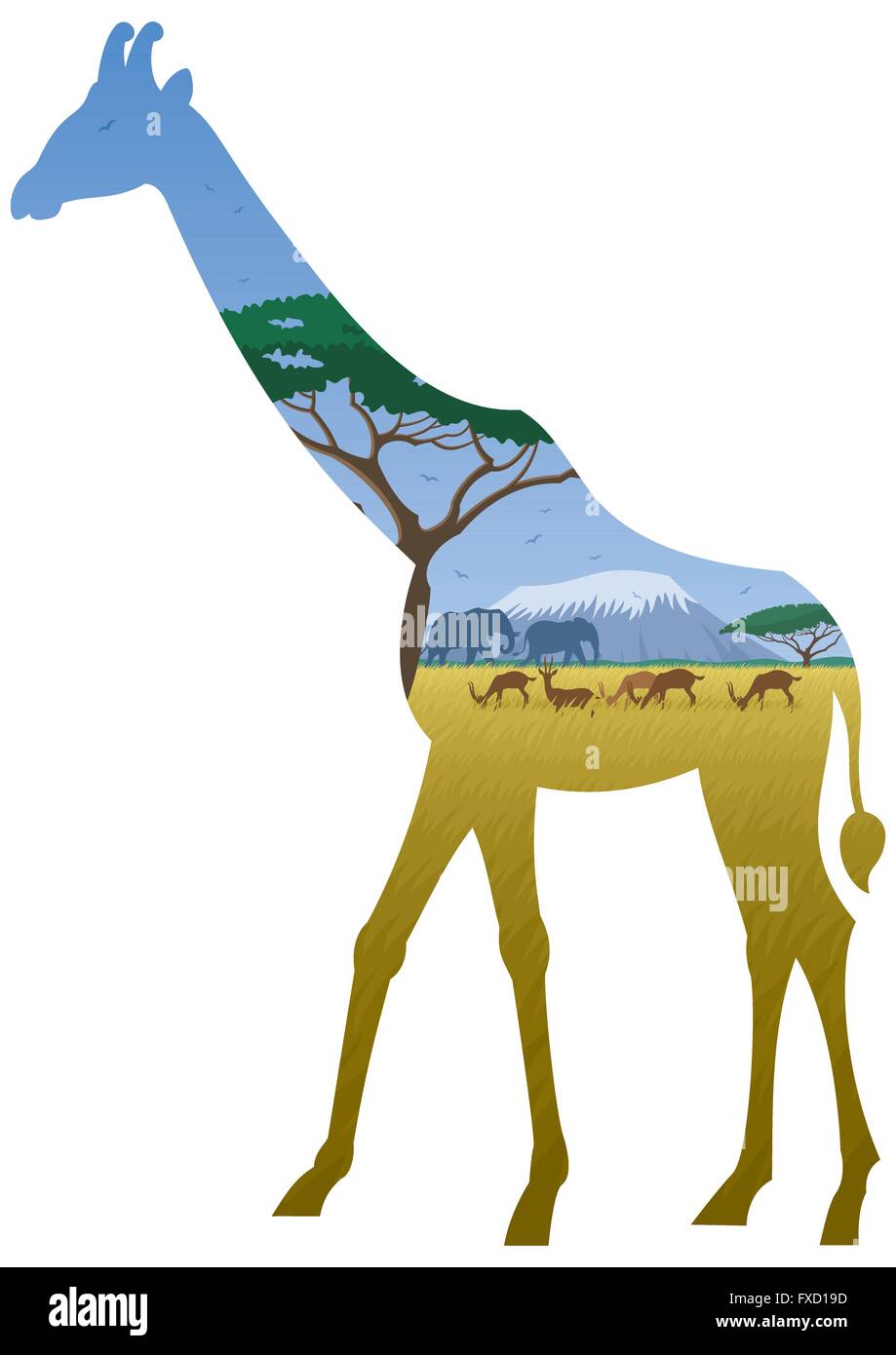 Afrikanische Landschaft in der Silhouette der Giraffe. Keine Transparenz verwendet. Einfache (lineare) Farbverläufe verwendet. Stock Vektor