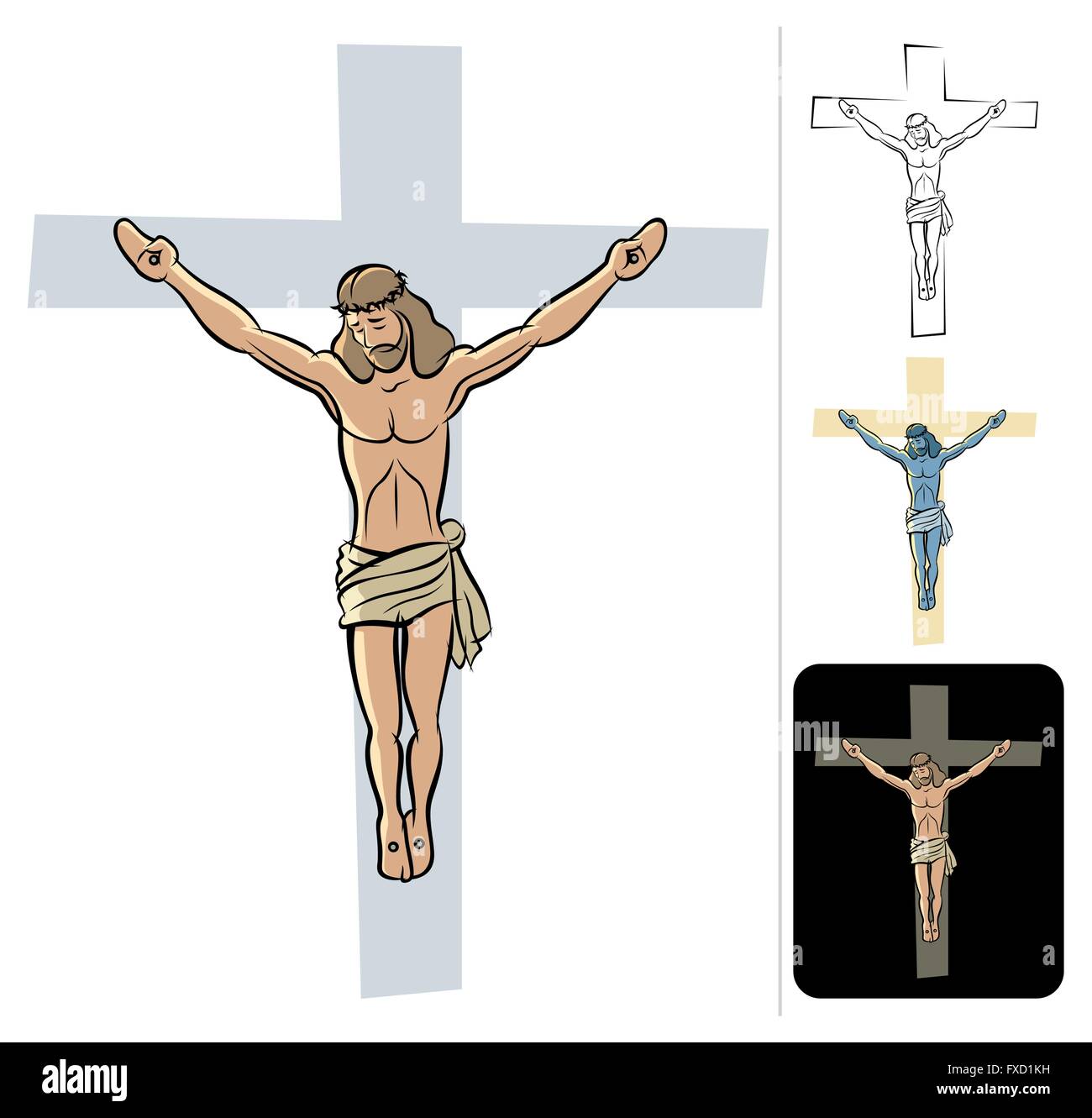 Abbildung des gekreuzigten Jesus. 3 weitere Versionen. Stock Vektor