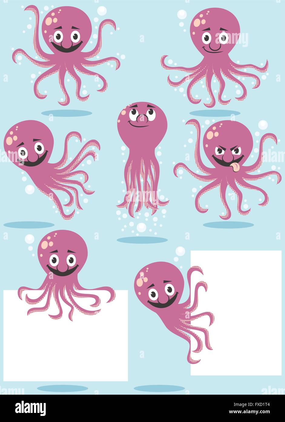 Cartoon-Oktopus in 7 Posen. Stock Vektor