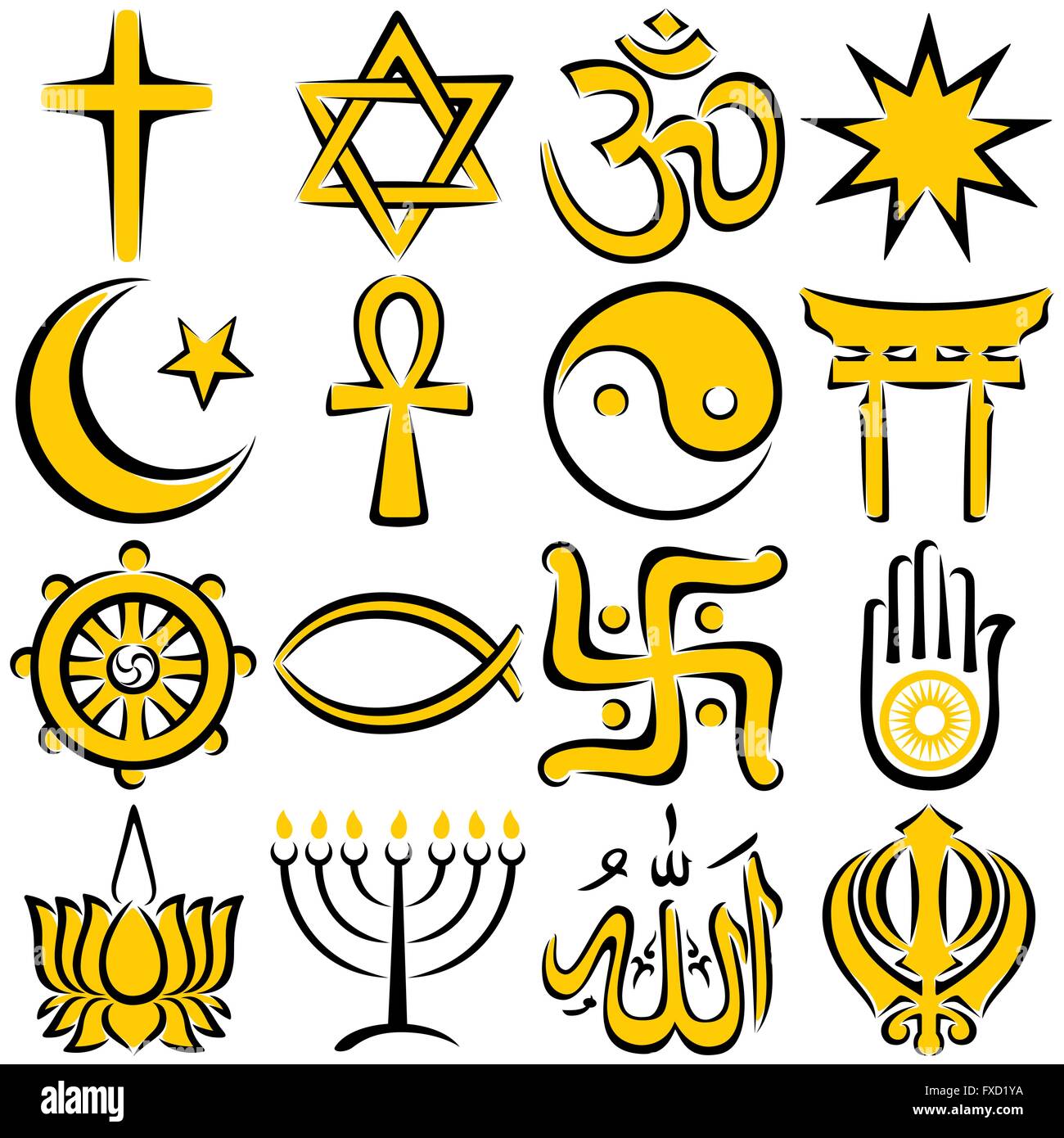 Satz von 16 religiöser Symbole in Strichzeichnungen ausgeführt. Stock Vektor