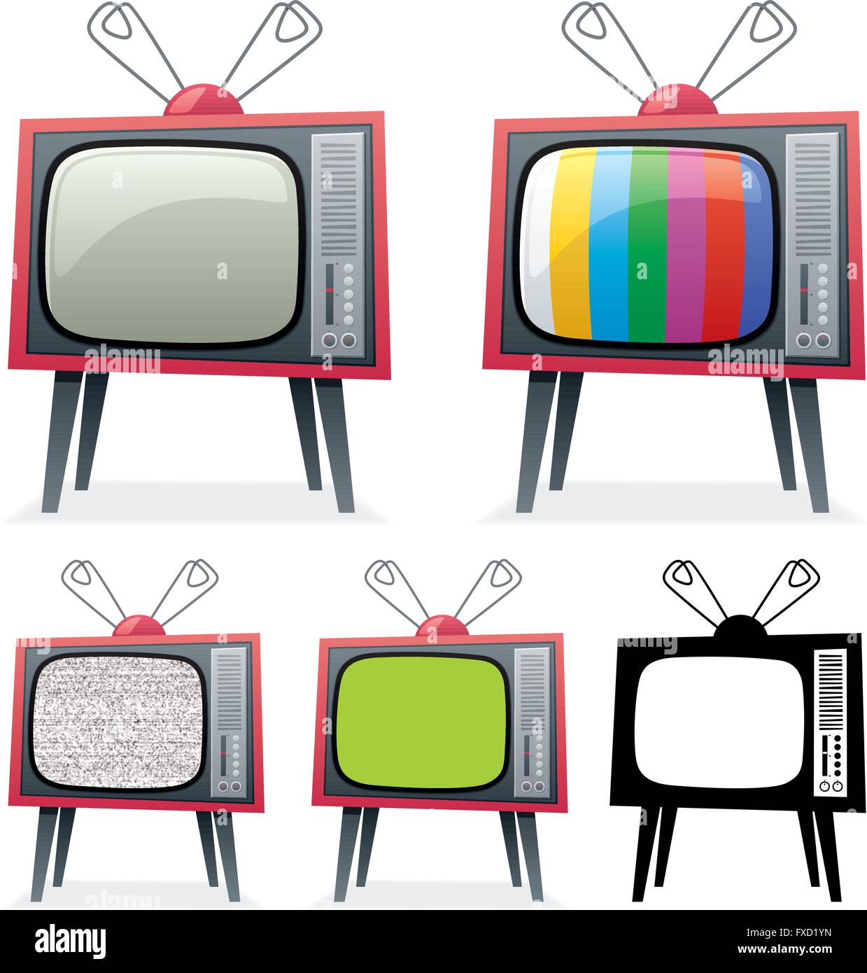 Cartoon-Illustration von Retro-TV in 5 verschiedenen Versionen. Die green-Screen auf dem 4-ten TV können Sie mit Ihrem eigenen Bild ersetzen. Stock Vektor