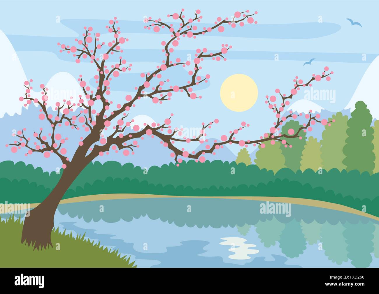 Cartoon-artige Landschaft mit Bergsee und blühenden Baum. Stock Vektor