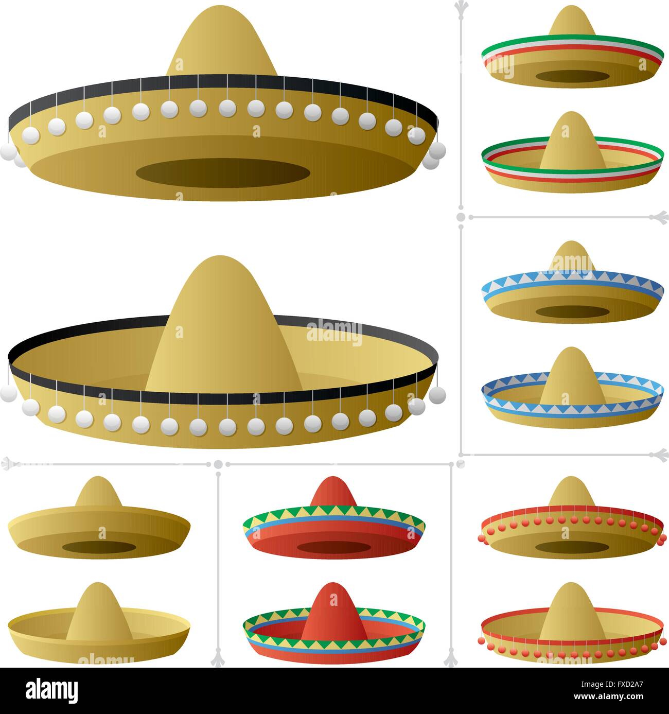 Sombrero in 2 Positionen und 6 Farbvariationen. Stock Vektor