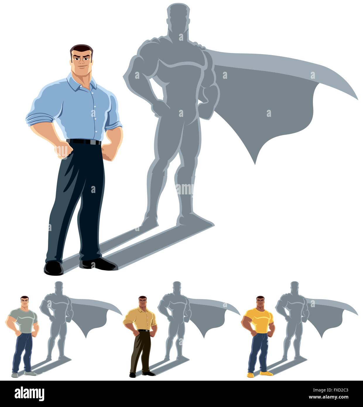 Konzeptionelle Darstellung der gewöhnlicher Mensch mit Superhelden Schatten. Die Abbildung ist in 4 Versionen. Keine Transparenz und Steigungen Stock Vektor