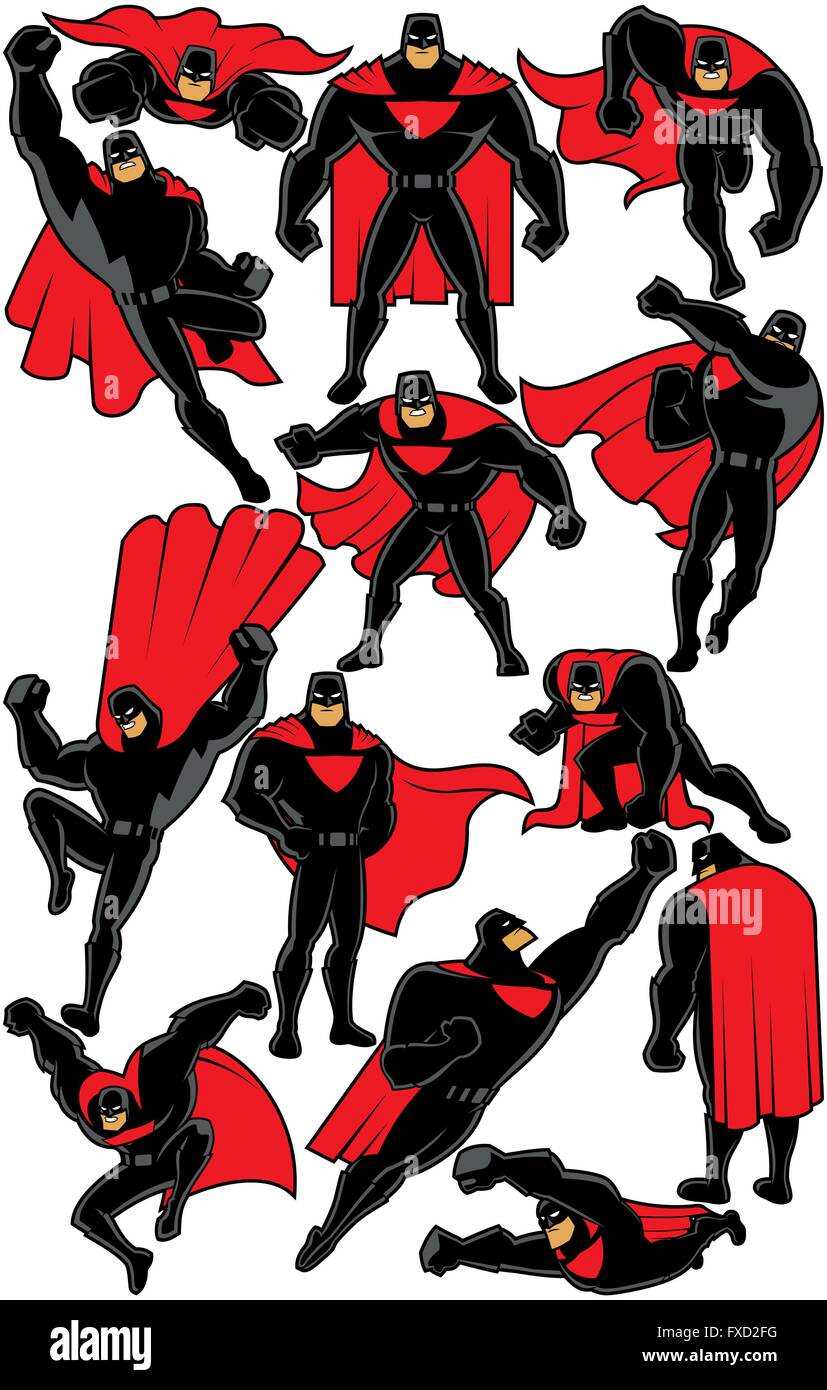 Superhelden auf weißem Hintergrund in 13 verschiedenen Posen. Stock Vektor