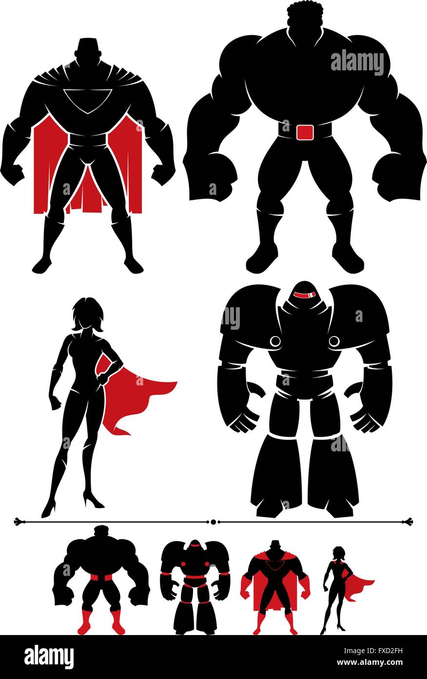 4 verschiedene Superhelden-Silhouetten in 2 Versionen. Stock Vektor