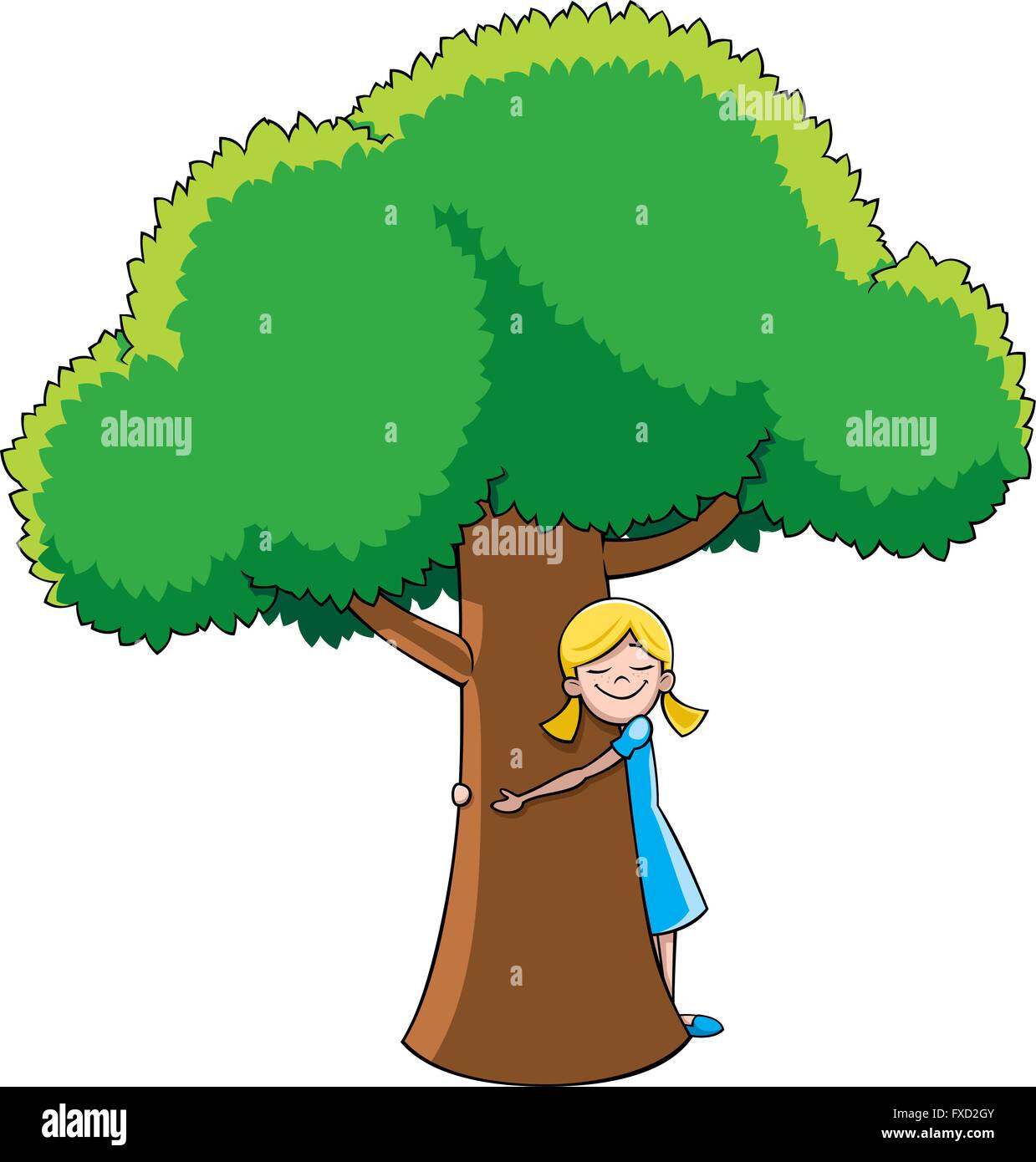 Kleine Mädchen umarmt Baum. Stock Vektor