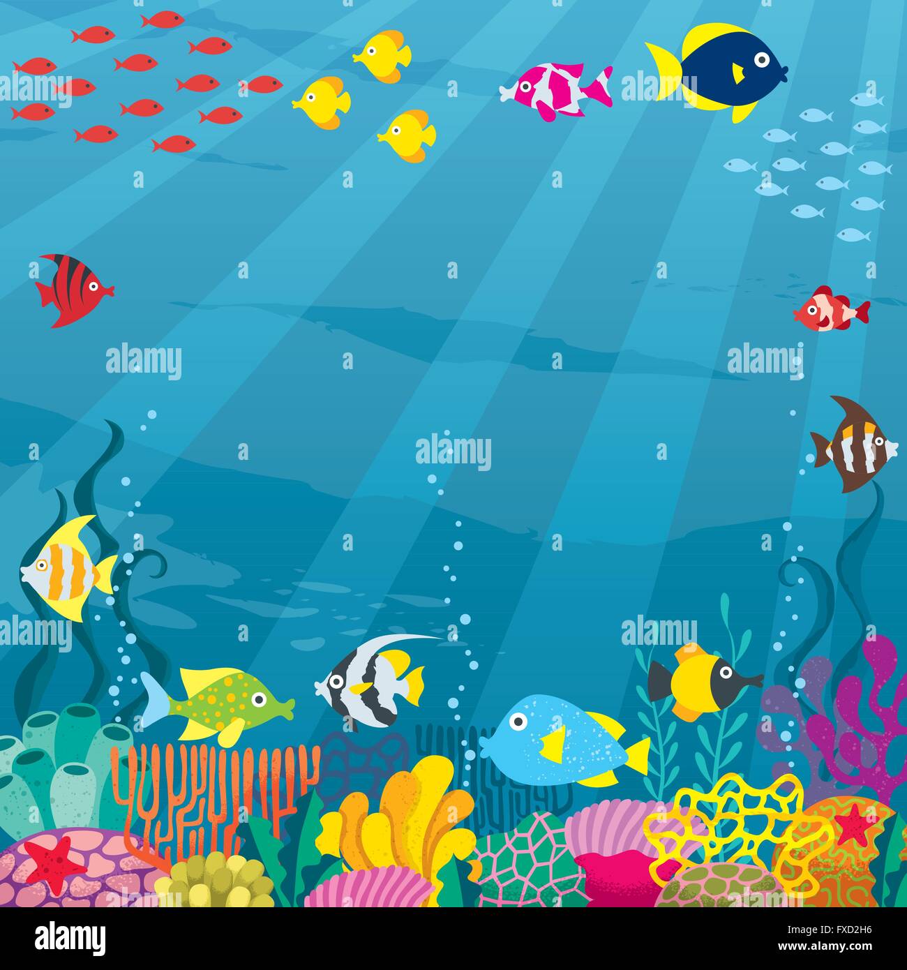 Cartoon quadratische Banner der Unterwasserwelt mit Textfreiraum. Stock Vektor