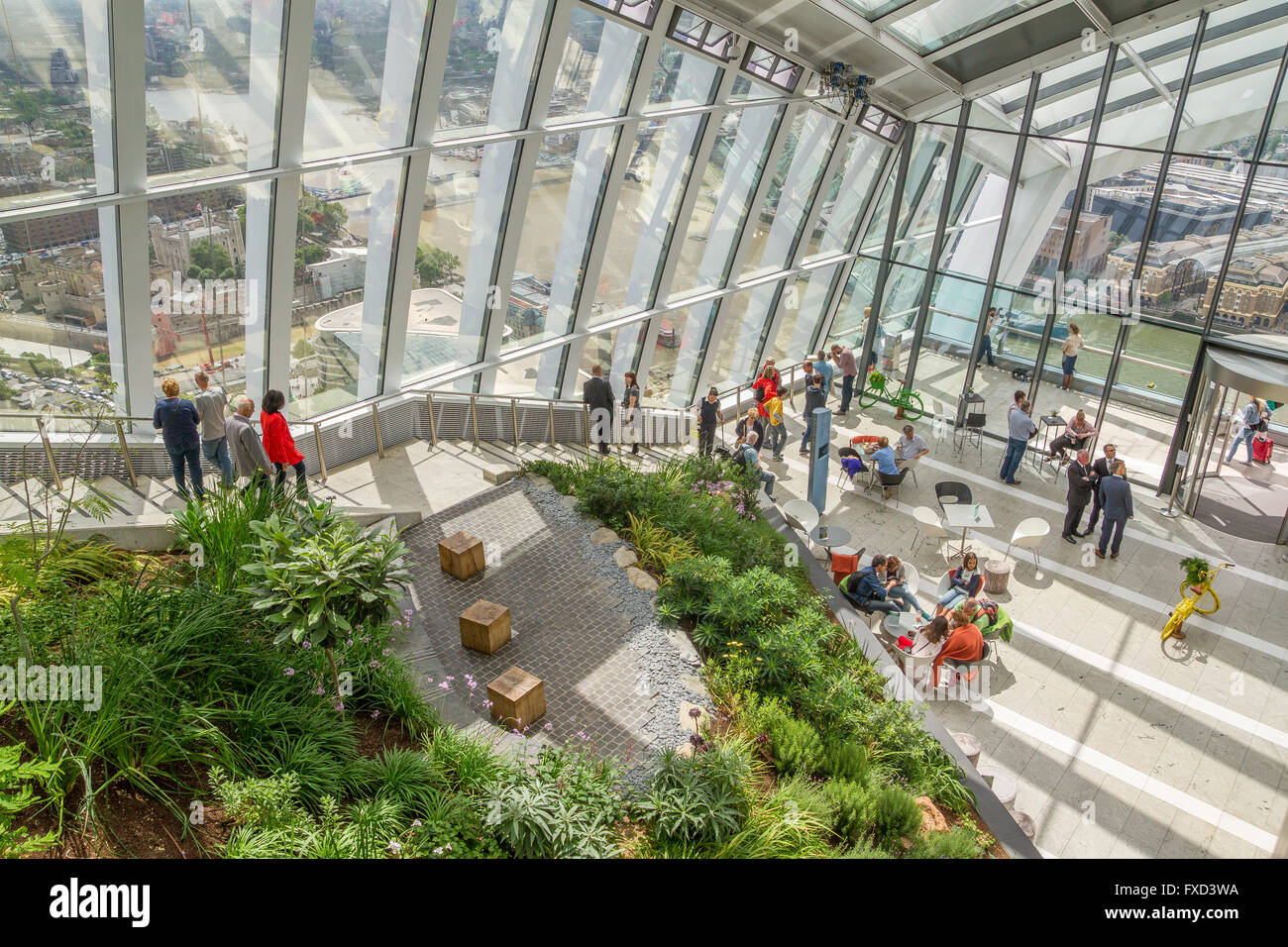 Der Sky Garden, eine öffentliche Zuschauergalerie am oberen Rand der 20 Fenchurch Street, auch bekannt als das Walkie Talkie Building, in der City of London, London, Großbritannien Stockfoto