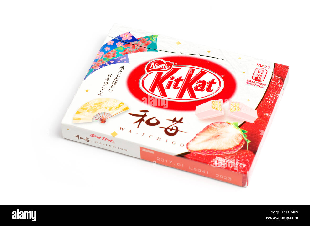 Schachtel mit Wa-Ichigo (Erdbeere) gewürzt KitKats aus Japan. Stockfoto