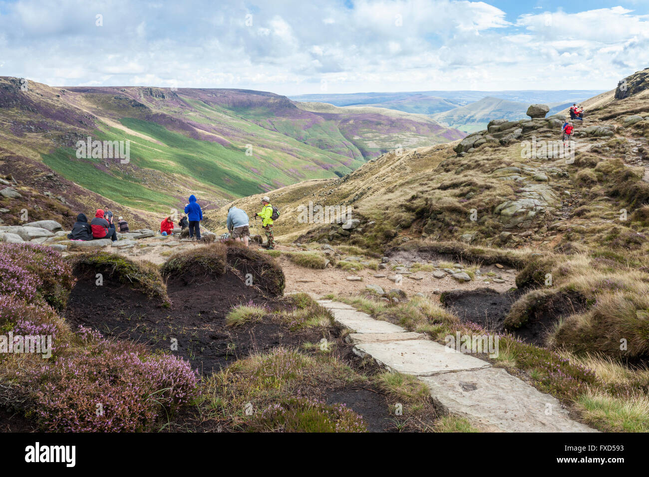 Wanderer auf und rund um den oberen Teil Grindsbrook Clough am südlichen Rande des Kinder Scout, Derbyshire, Peak District, England, Großbritannien Stockfoto