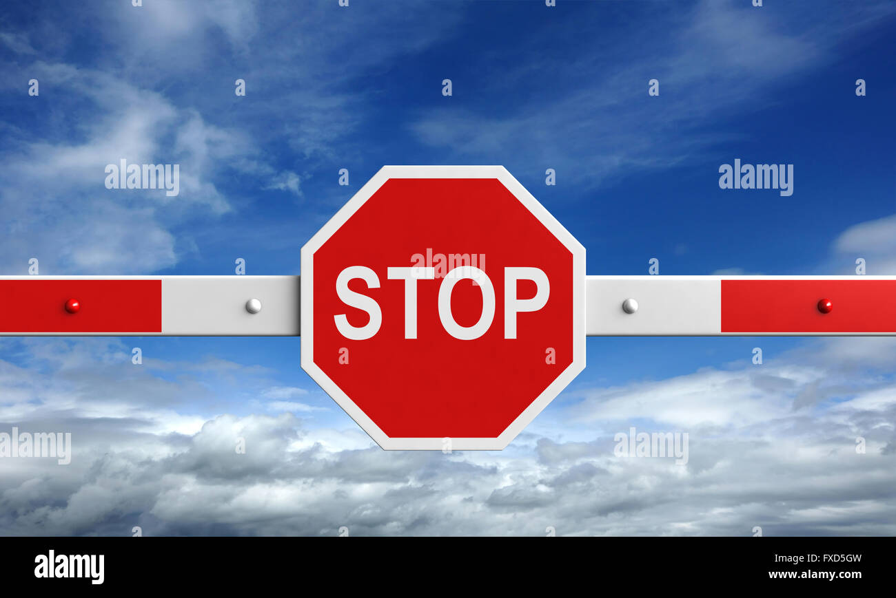 3D-Rendering Sperre mit Stop-Schild am Himmelshintergrund Stockfoto