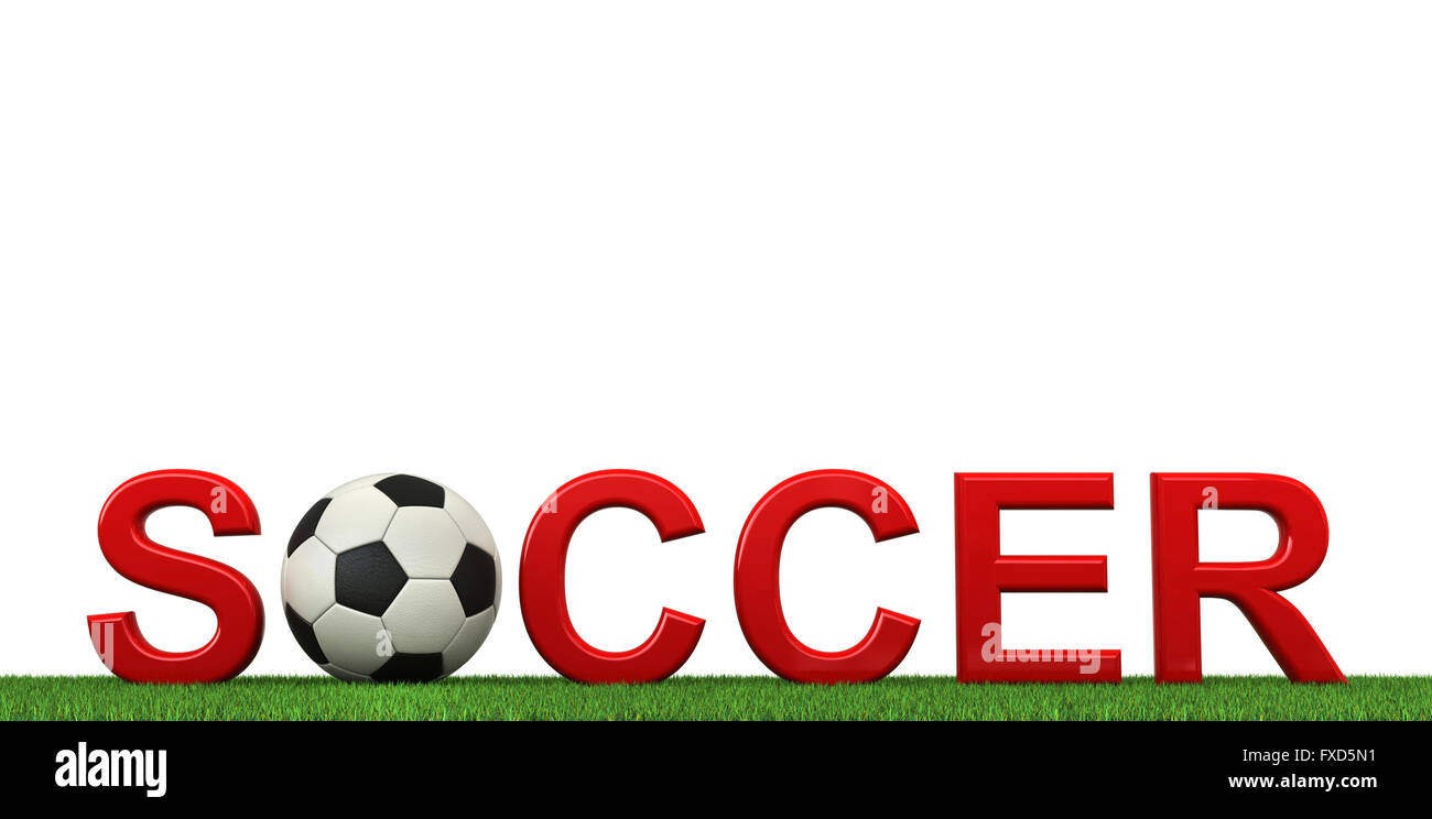 3D-Rendering des Fußball-Text mit Ball und Rasen isoliert auf weißem Hintergrund Stockfoto