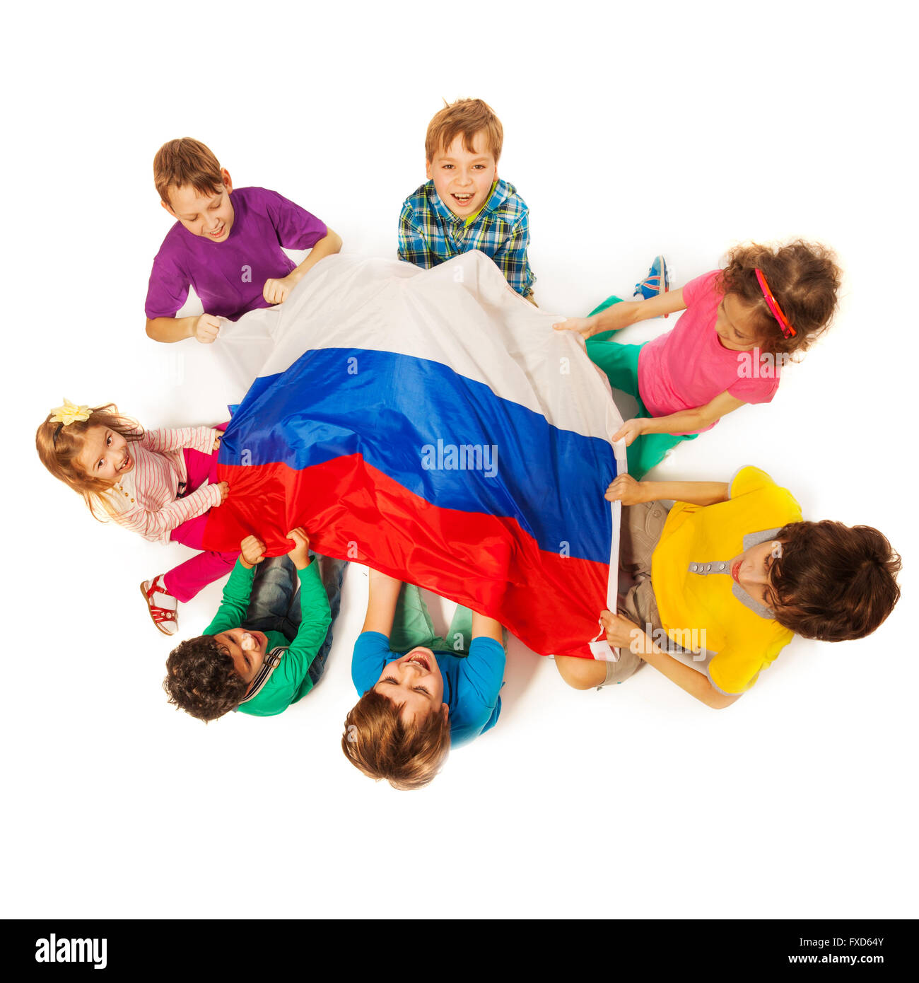 Kinder auf der Flagge der Russischen Föderation Stockfoto