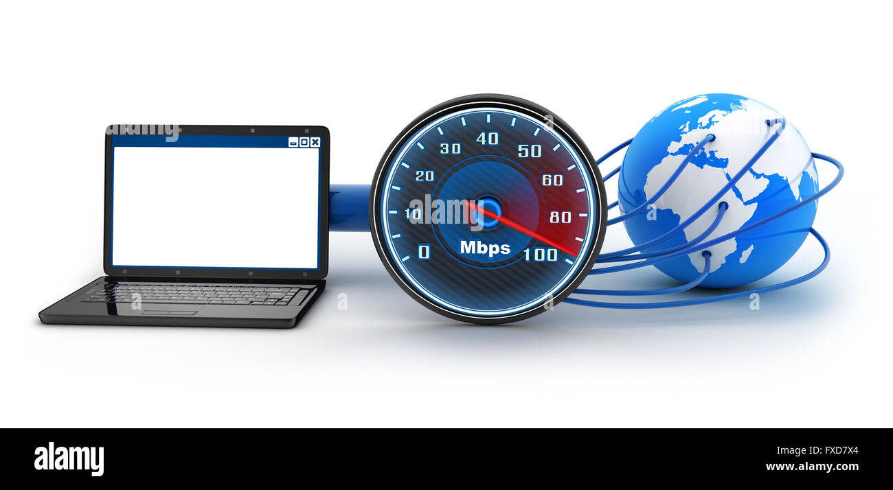 Laptop und Internet-Verbindungsgeschwindigkeit (durchgeführt in 3d) Stockfoto