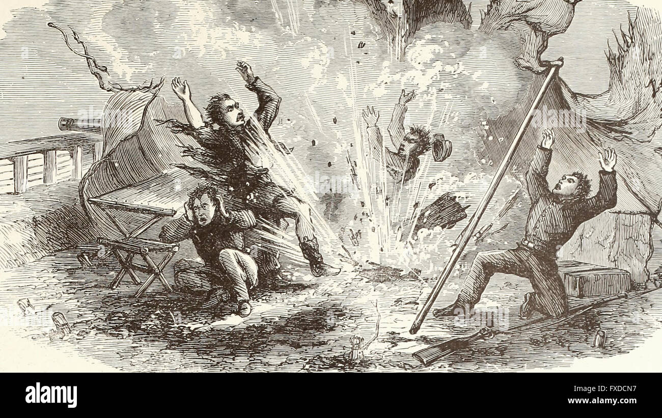 Explosion von 3.000 Muskete Patronen in einem Zelt am Fort Totten, New Bern, North Carolina, das Hauptquartier der dritten New York Artillerie. USA Bürgerkrieg Stockfoto