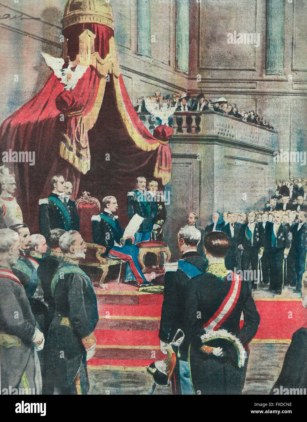 Die Eröffnung des Gesetzgebers XXIV: der König liest die Antrittsrede im Klassenzimmer senatorischen Palazzo Nadama, 1913 Stockfoto