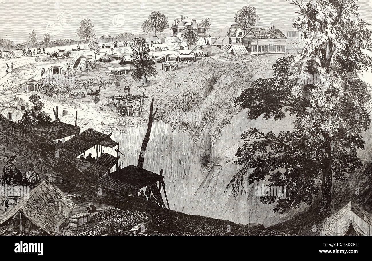Belagerung von Vicksburg, Mississippi - Leben in den Schützengräben - Biwak der Leggett Brigade McPhersons Corps im Weißen Haus. USA Bürgerkrieg Stockfoto