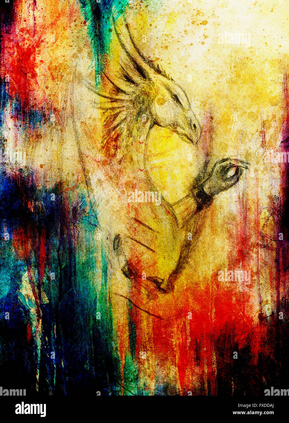 Bleistiftzeichnung Drachen und abstrakte Farbe Hintergrund