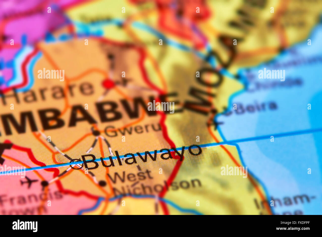 Stadt Bulawayo in Simbabwe auf der Weltkarte Stockfoto