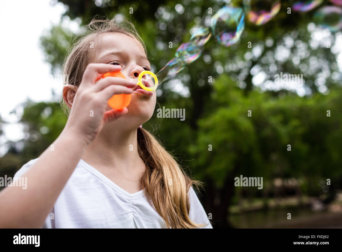 Mädchen bläst Seifenblasen im park Stockfoto