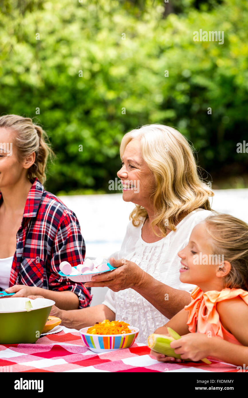 Ältere Frau mit Tochter und Mädchen sitzen an Picknick-Tisch Stockfoto