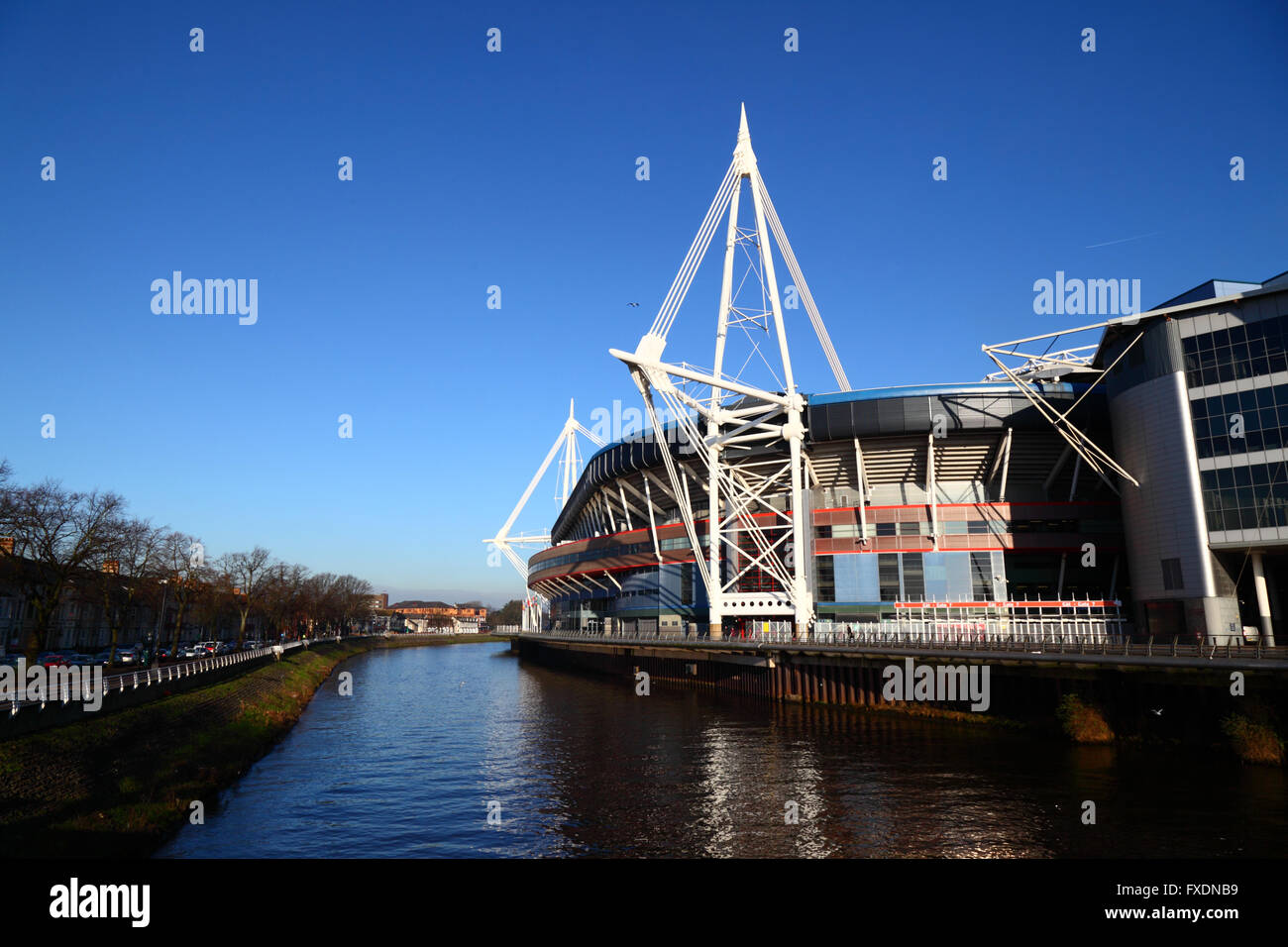 Ansicht des Jahrtausends / Fürstentum Stadion und Fluss Taff, Cardiff, South Glamorgan, Wales, Vereinigtes Königreich Stockfoto