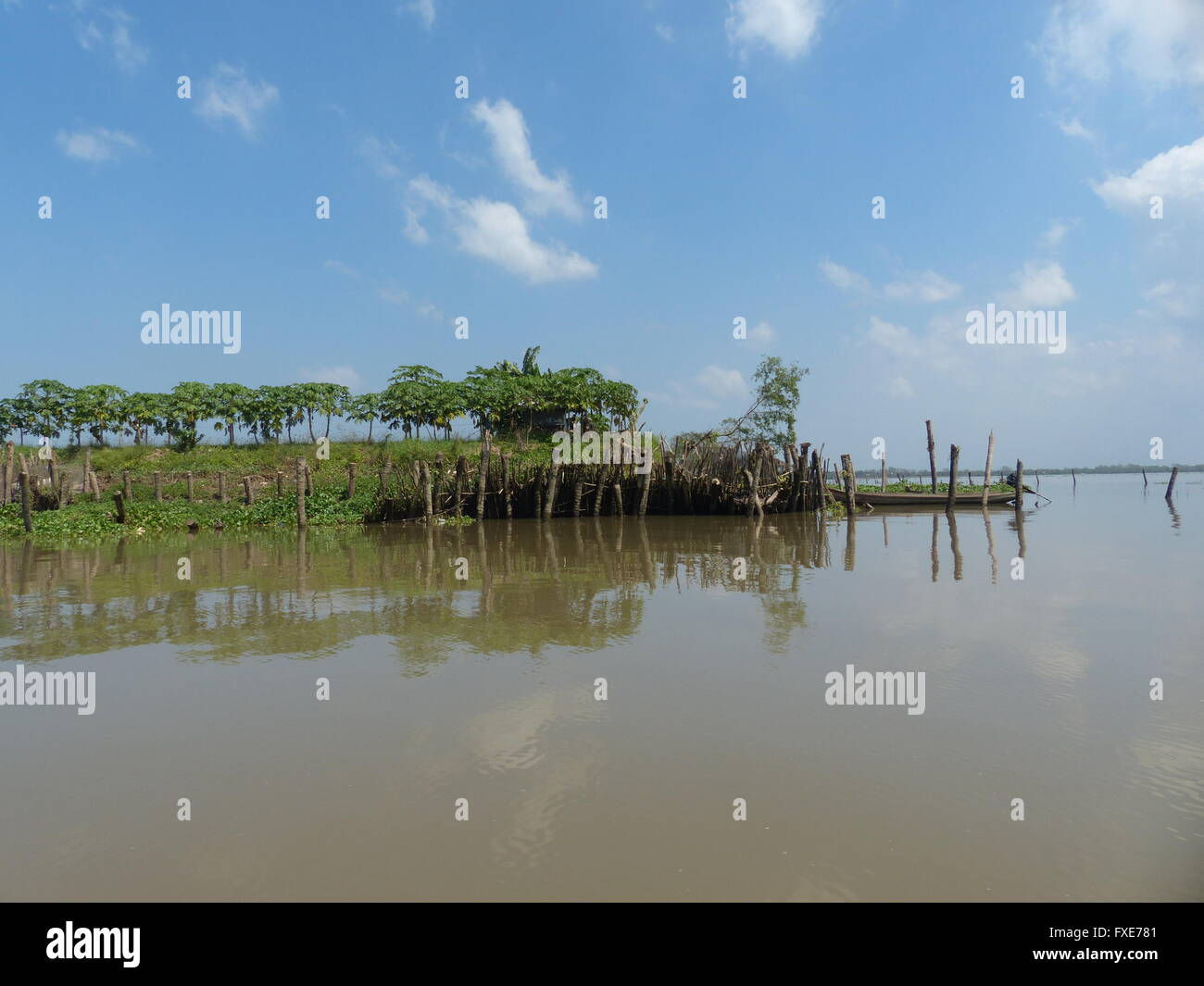 Künstliche Insel im Mekong-Fluss-Delta wurde von Baggergut gemacht. Stockfoto