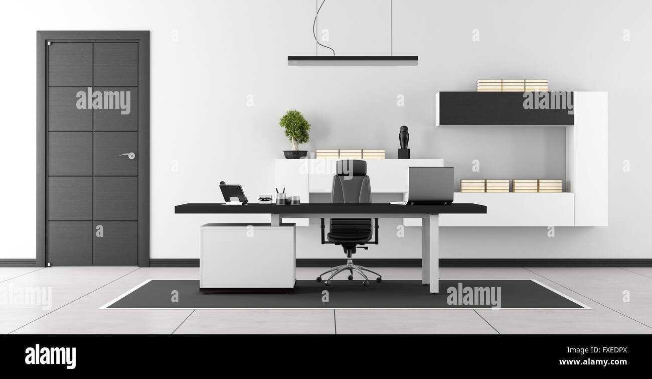 Schwarz / weiß modernes Büro mit geschlossener Tür und Wand an Wand - 3d rendering Stockfoto