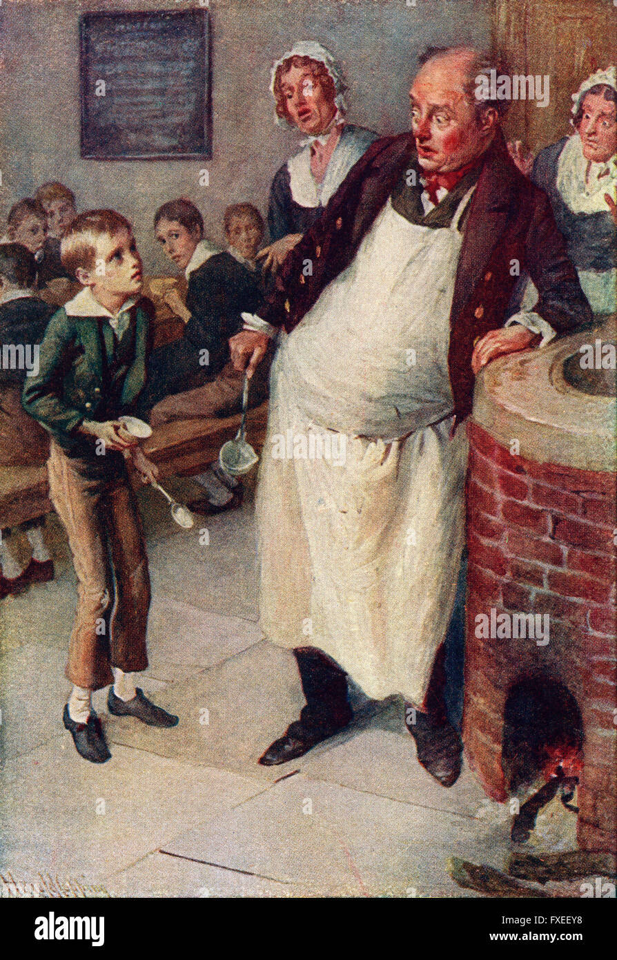 Oliver Twist bittet um mehr. Illustration von Harold Copping. Stockfoto