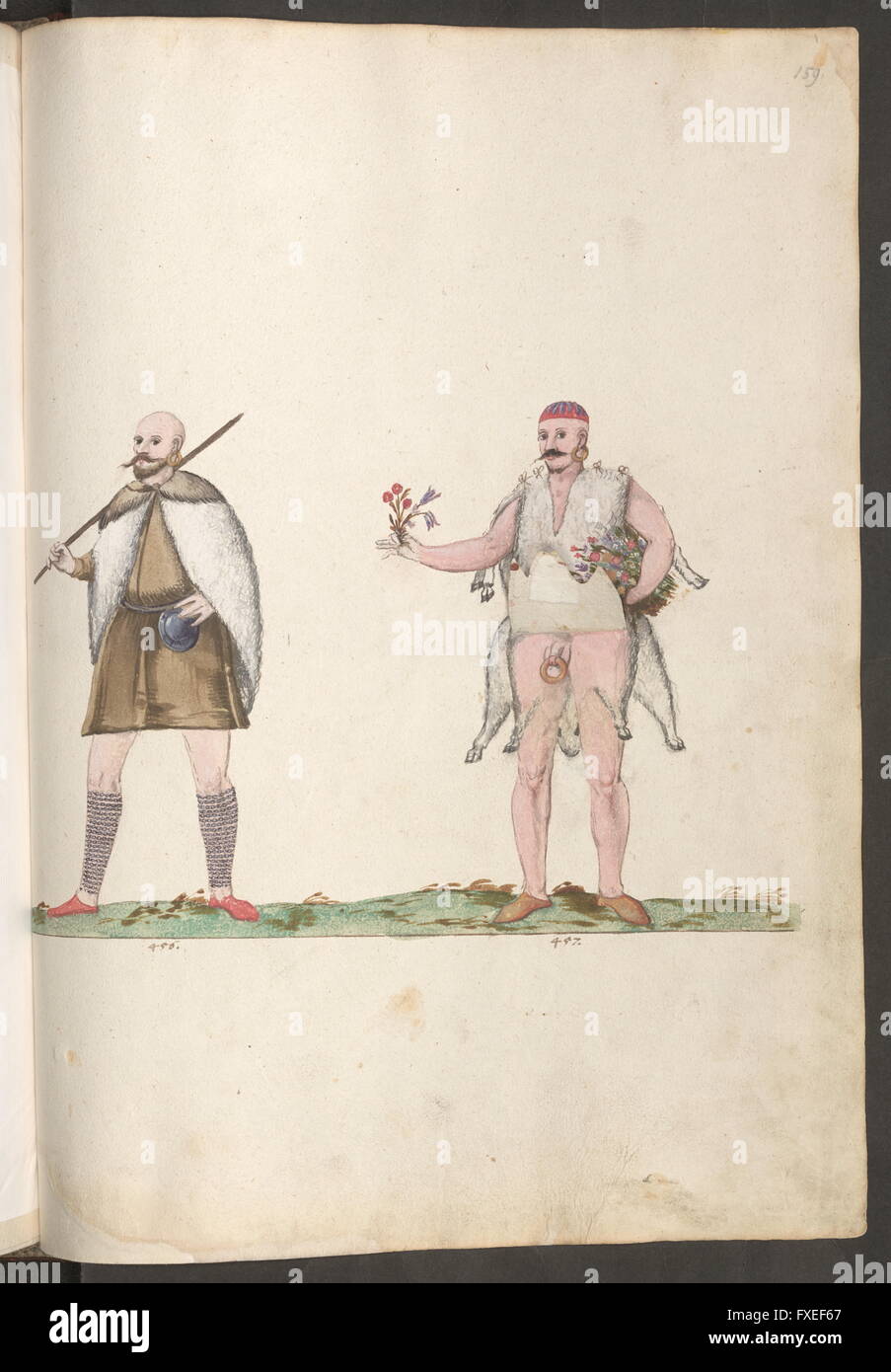 Cod. 8615, fol. 159r2: Johannes Lewenklau: Bilder Türkischer Nationalsozialist, Soldaten, Hofleute, Städte u. a.: Zwei Männer aus Dem Volk (Mit Aufgeklappten Teil) Stockfoto