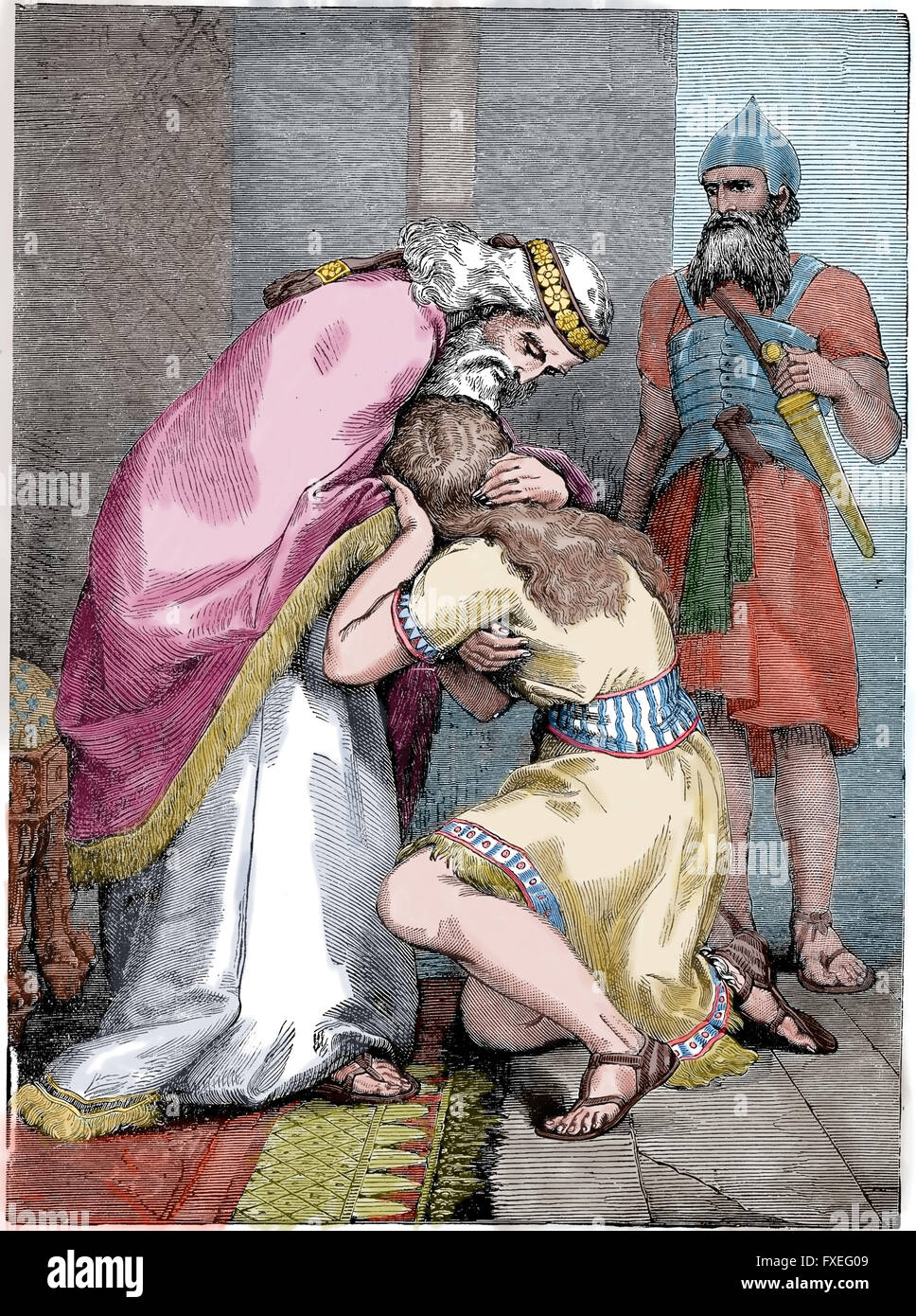 Alten Testament. David sendet für Absalom und küsst ihn. Gravur. Farbe. des 19. Jahrhunderts. Stockfoto