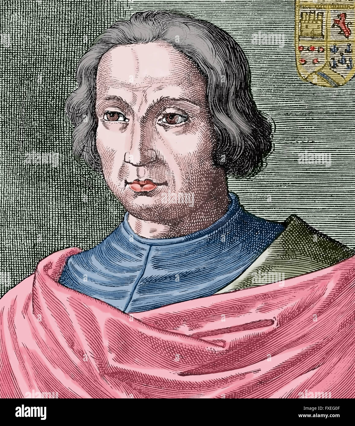 Christopher Columbus (1450-1506). Der Entdecker Amerikas im Jahr 1492. Gravur. Farbe. Stockfoto