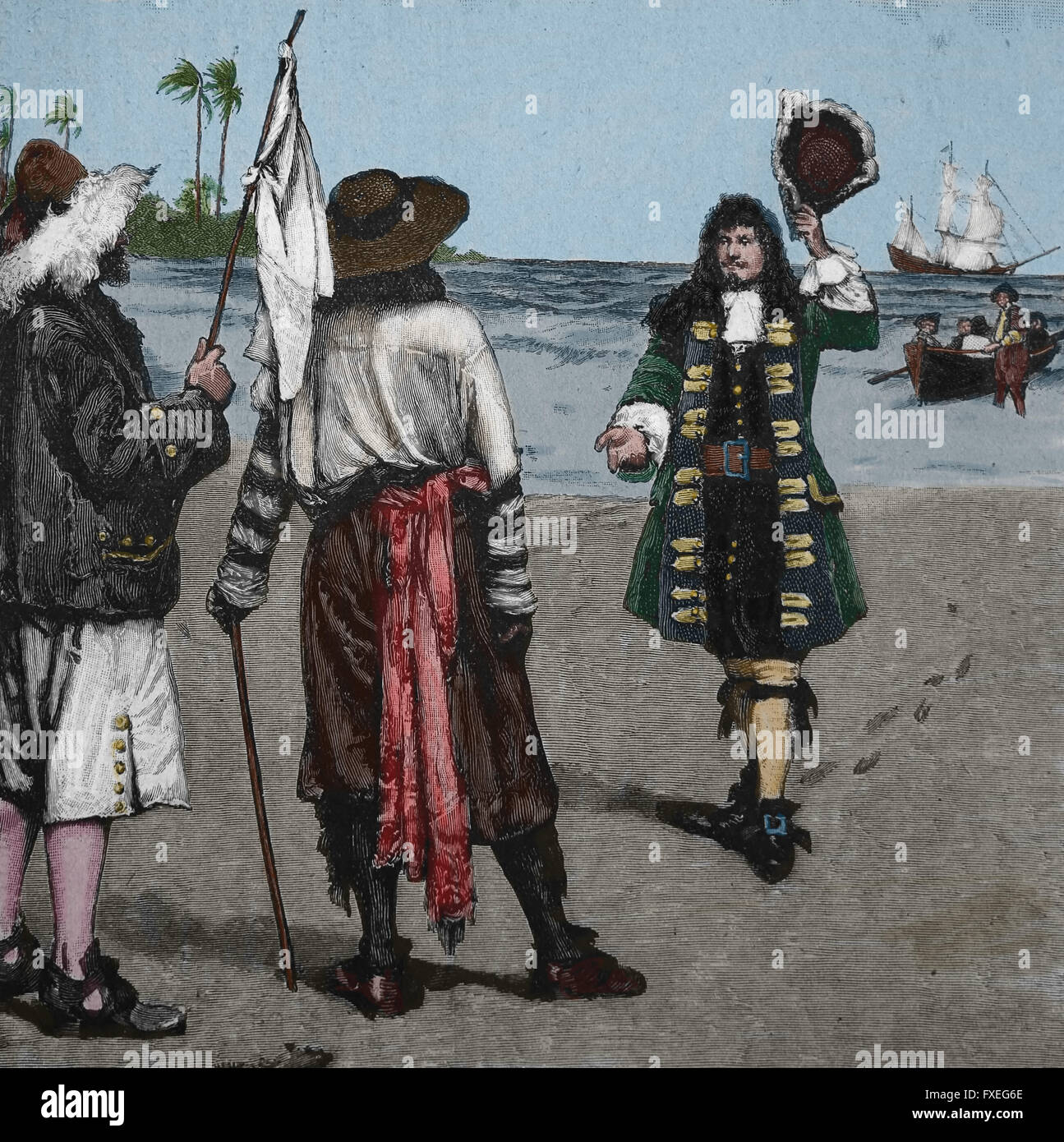 Daniel Defoe (1660-1731). Englischer Schriftsteller. Robinson Crusoe. Kupferstich, 19. Jahrhundert. Farbe. Stockfoto