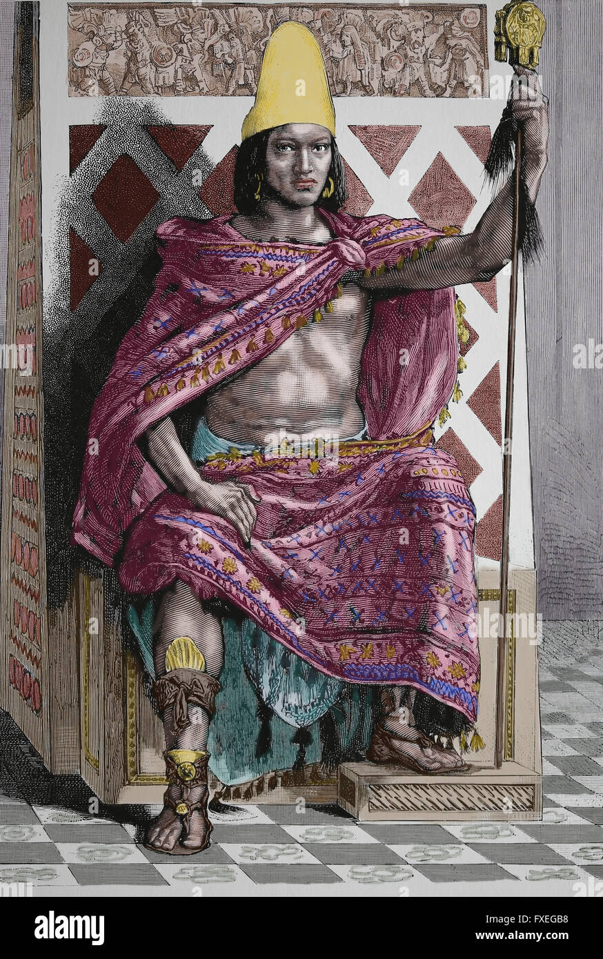 Maya König. Kupferstich, 19. Jahrhundert. Amerika. Mexiko. Farbe. Stockfoto