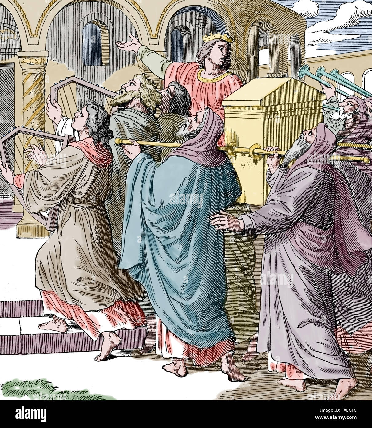 Alten Testament. Die Arche von levitischen Priester in König Solomons Temple durchgeführt. Gravur, Farbe. Stockfoto