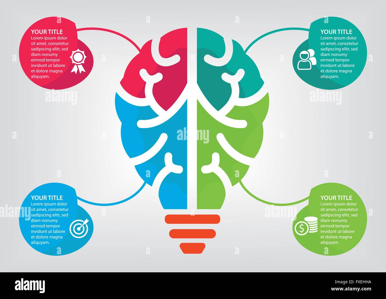 Bunte Infografik für Geschäftsbericht und Präsentation mit vier Elementen, die mit einer Kombination von Gehirn und Glühbirne Stock Vektor