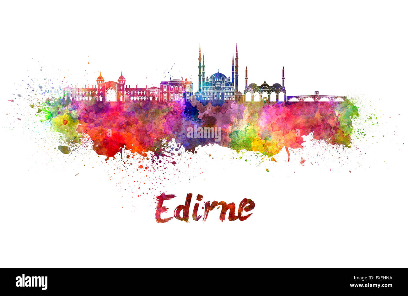 Skyline von Edirne in Aquarell Spritzer mit Beschneidungspfad Stockfoto