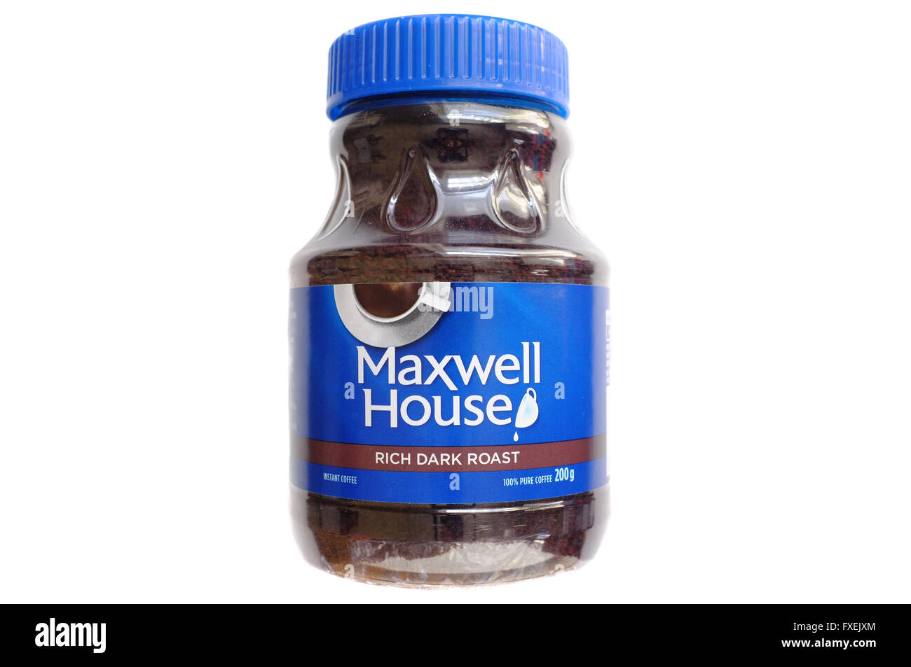 Ein Glas mit Maxwell House Kaffee vor weißem Hintergrund fotografiert. Stockfoto