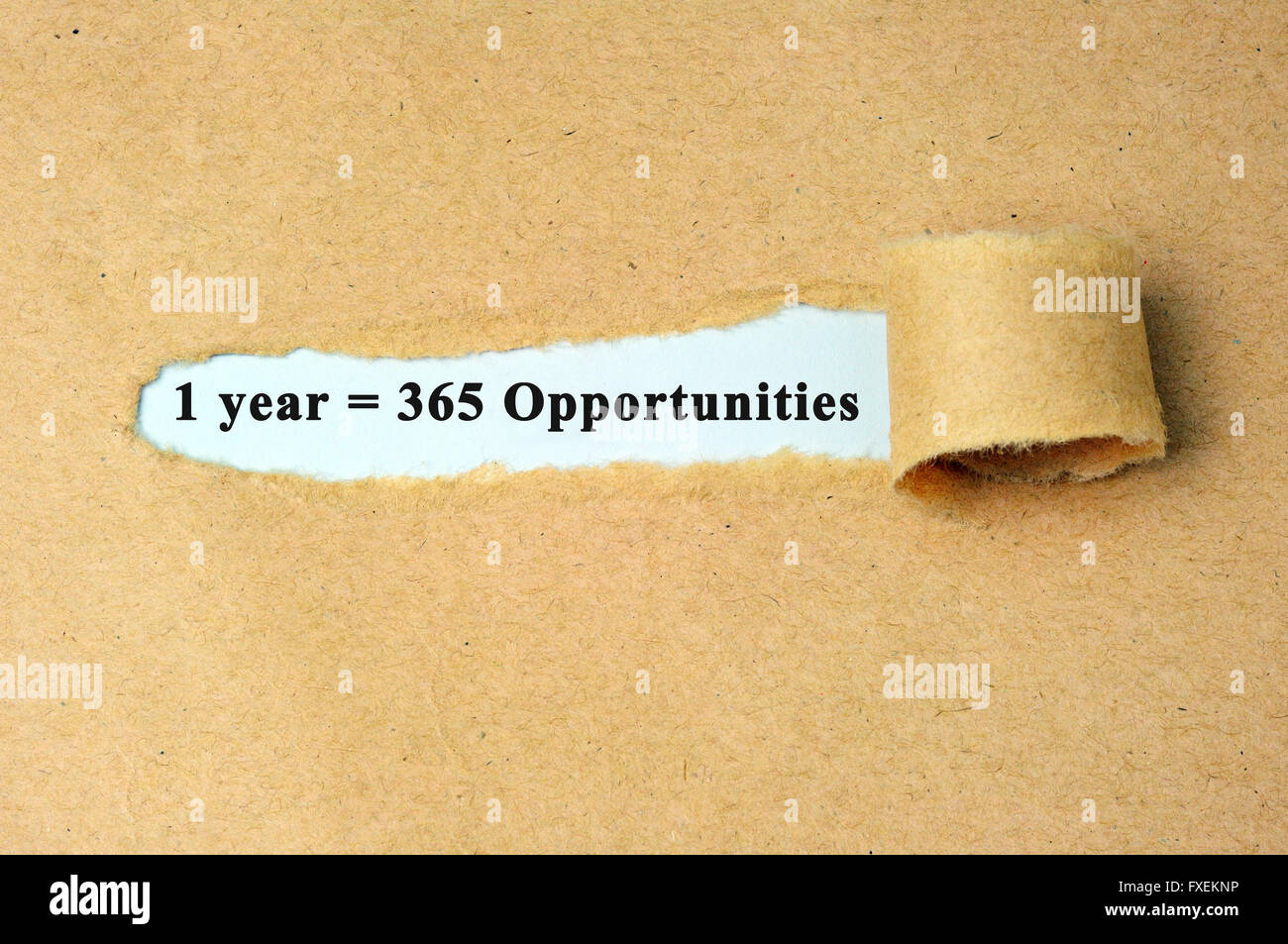 Zerrissenes Papier mit dem Text "1 Jahr = 365 Chancen". Stockfoto