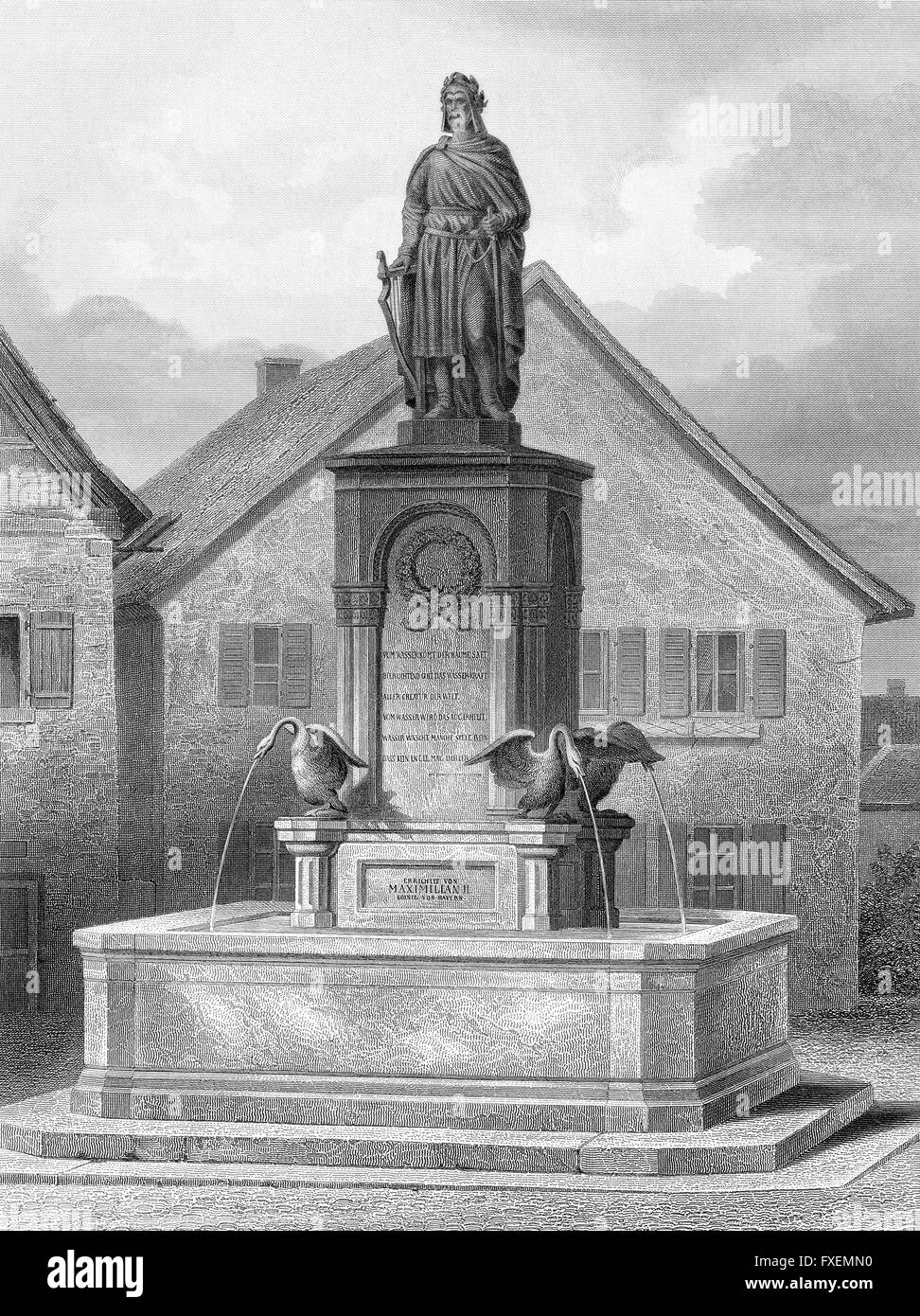 Statue in Wolframs-Eschenbach, Wolfram von Eschenbach, c. 1170 - c. 1220, ein deutscher Ritter und Dichter, Denkmal in Wolframs-Eschenba Stockfoto