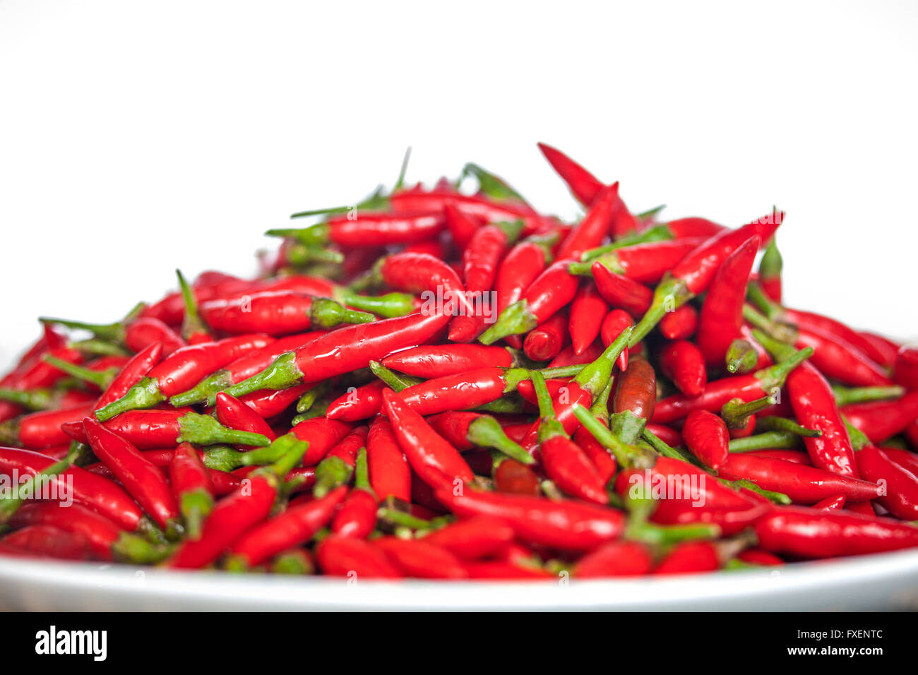 Teller mit Thai rote Chilis auf weißem Hintergrund Stockfoto