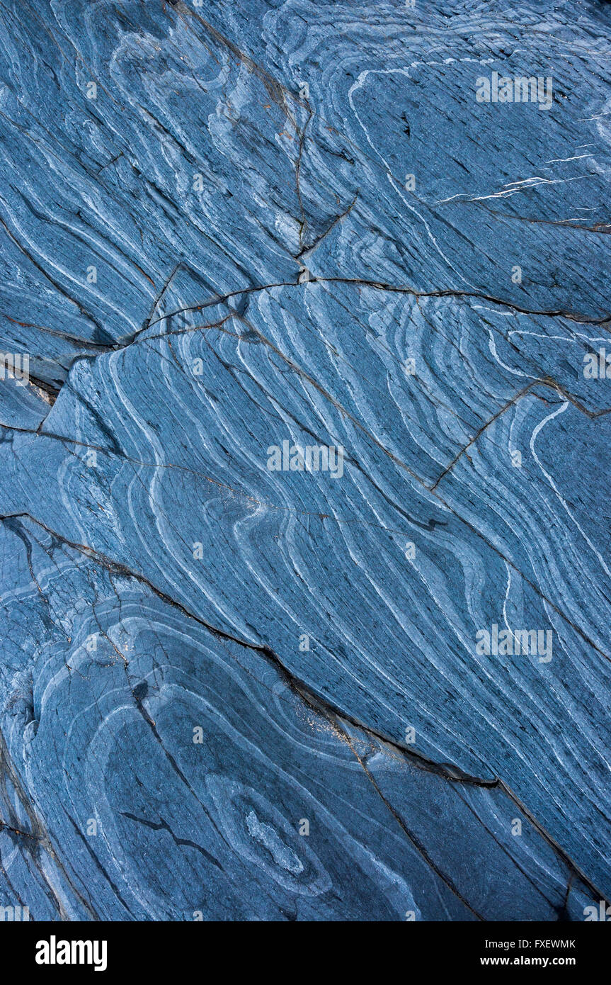 Muster in blauen Felsen an einem Strand im Westen von Wales. Stockfoto