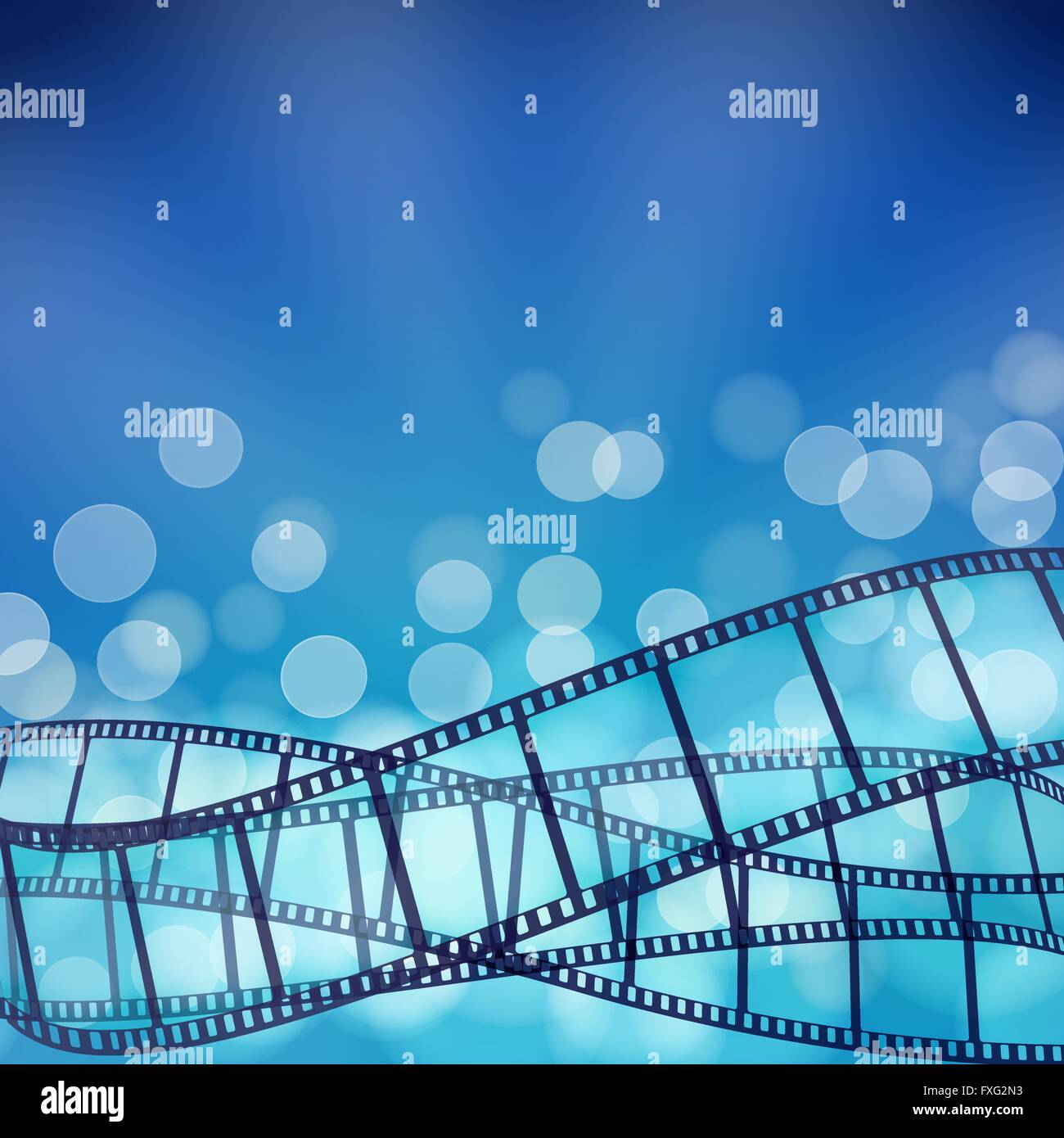 Kino blauer Hintergrund mit Filmstreifen und Lichtstrahlen. Vektor-illustration Stock Vektor