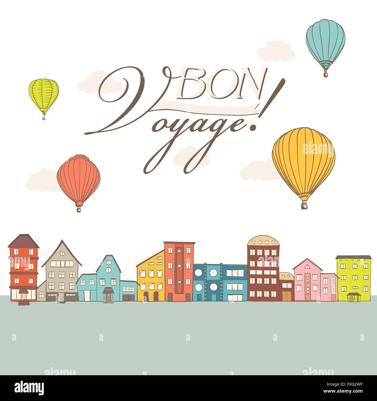 Heißluftballons Vintage Stadthäuser mit Bon Voyage Text überfliegen. Vektor-illustration Stock Vektor