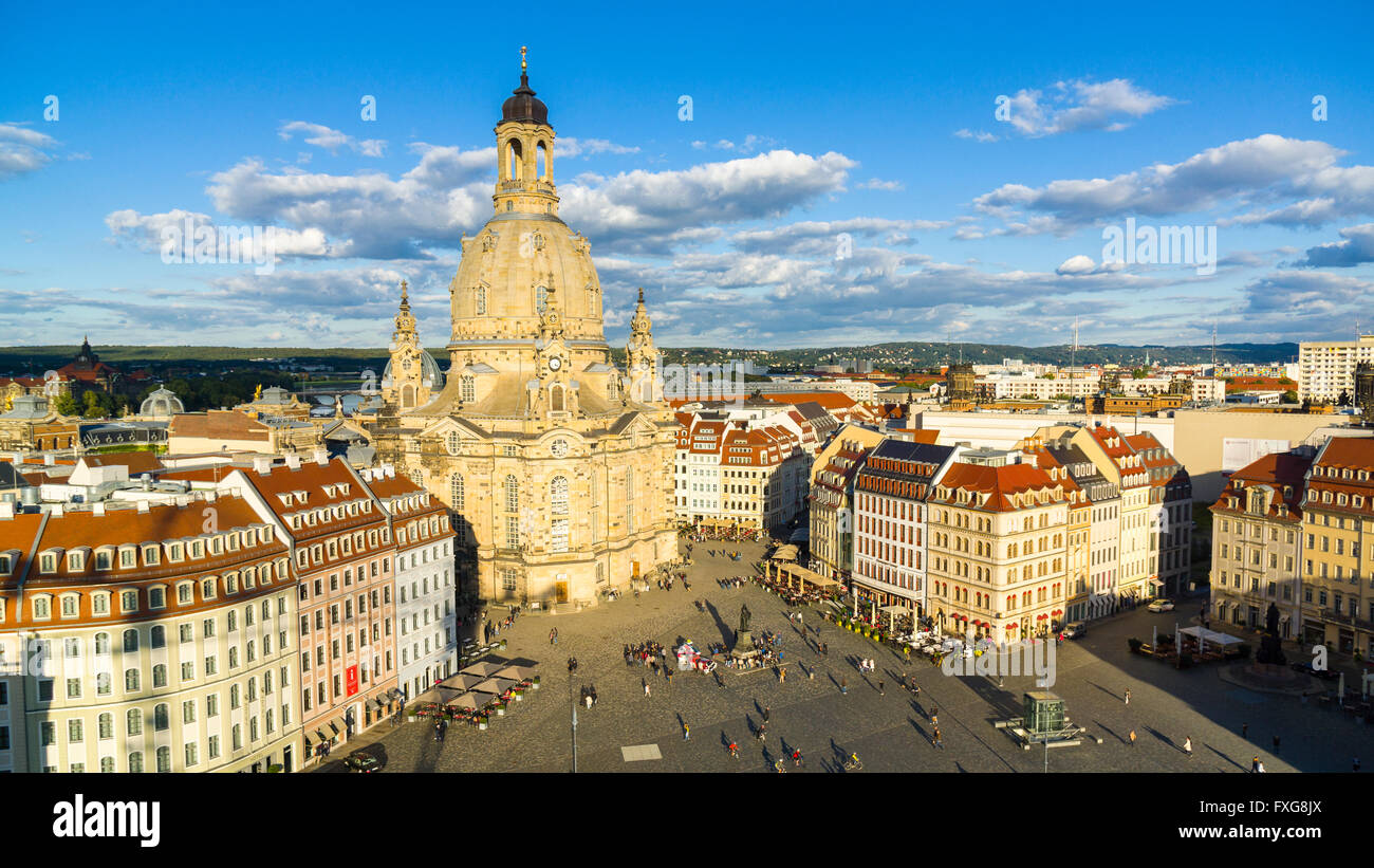 Panorama Luftbild von Neumarkt und Frauenkirche, Altstadt, Dresden, Sachsen, Deutschland Stockfoto