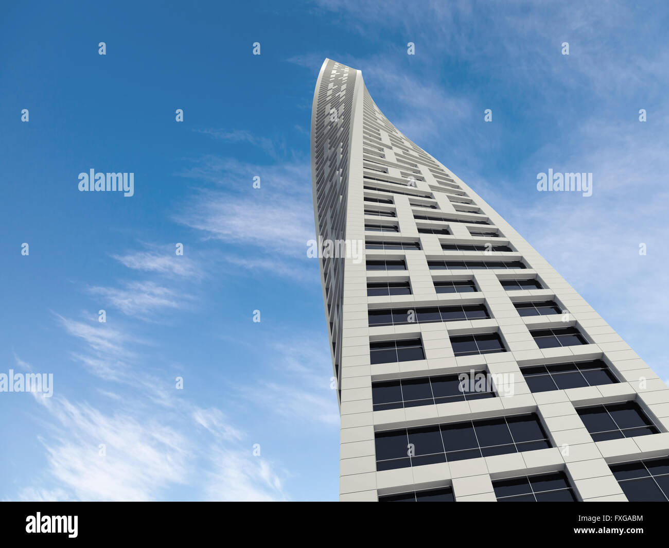 Abstrakte, moderne Architektur. Büro-Turm-Perspektive über blauen Wolkenhimmel verdreht. 3D Render-illustration Stockfoto