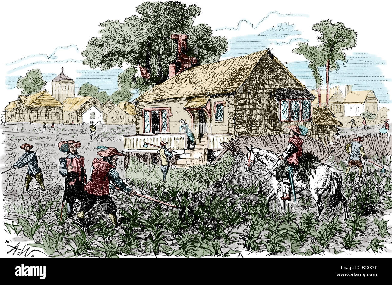 North American. Englischen Kolonien. Plantation. 17. Jahrhundert. Gravur. Farbe. Stockfoto