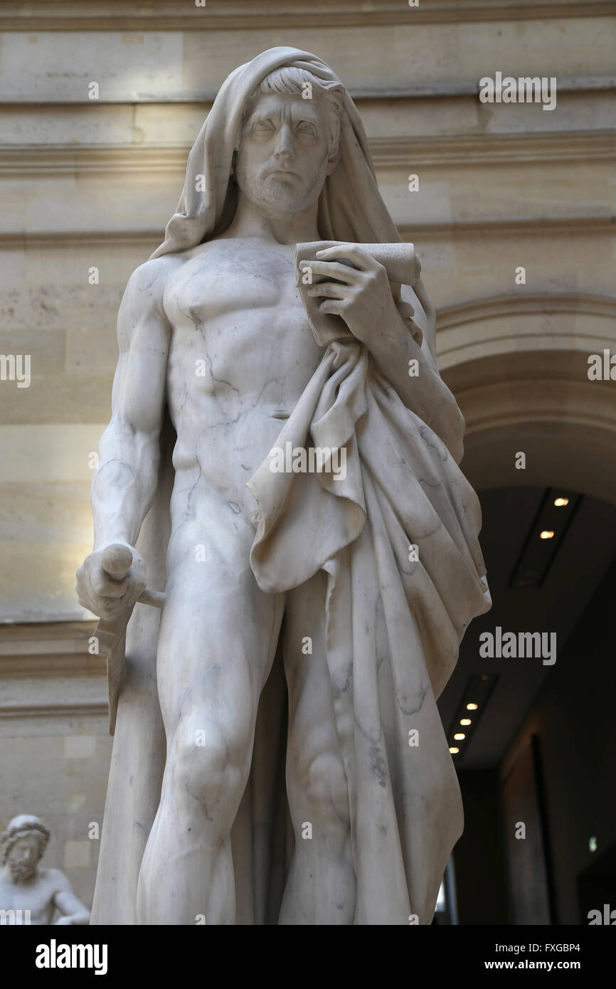 Cato der jüngere (95-46 v. Chr.). Römische Politiker. Statue von Cato töten sich selbst beim Lesen der Phaidon. Von Jean-Baptiste-Roman. Stockfoto