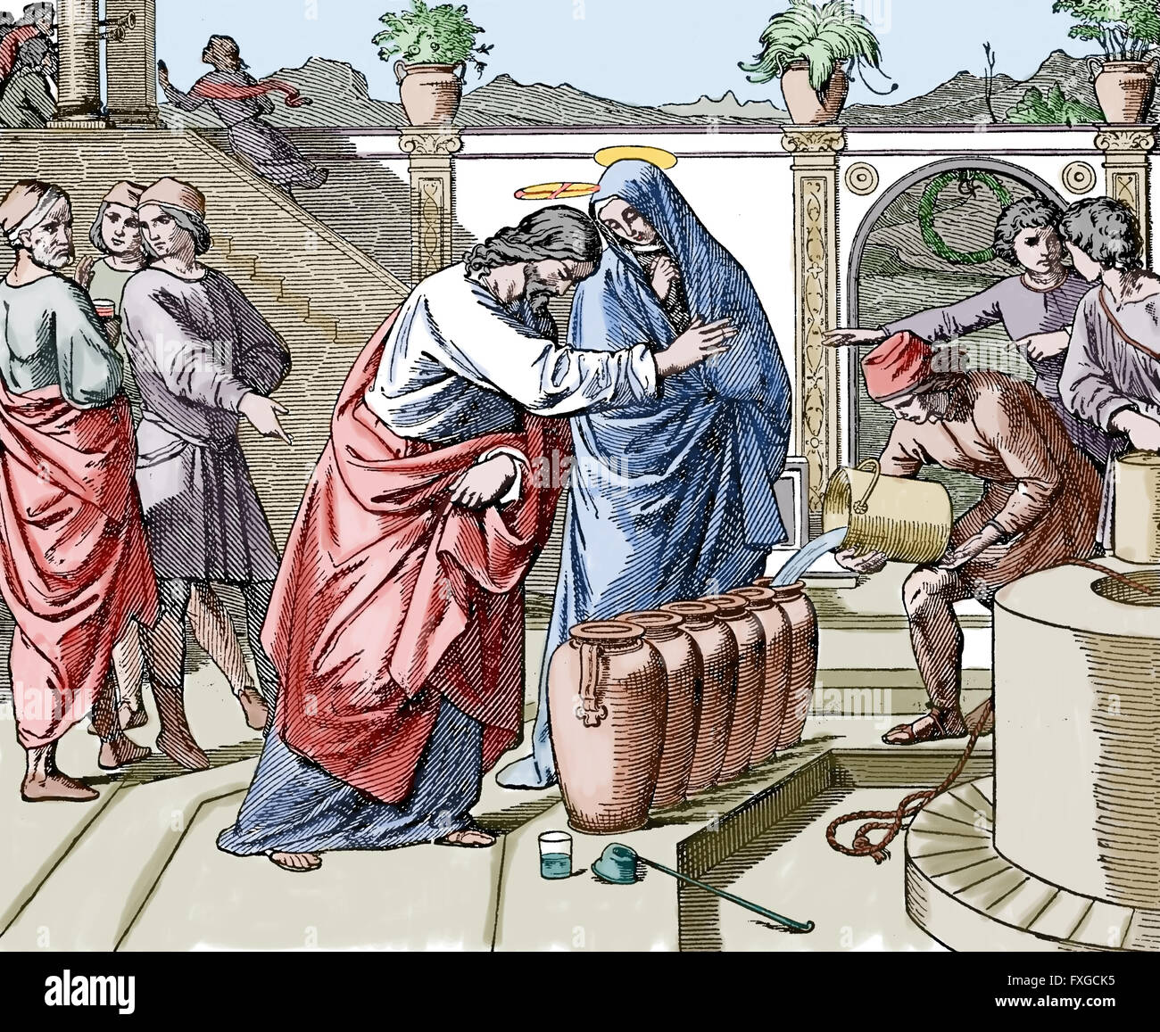 Neuen Testaments. Evangelium nach Johannes. Hochzeit zu Kana. Jesus verwandelt Wasser in Wein. Wunder. Gravur. Farbe. Stockfoto